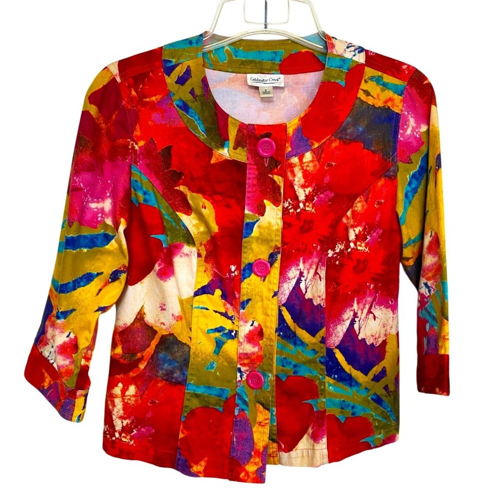 Coldwater Creek Floral Button-Down Cotton/Spandex Jacket Size S Artsy Dopamine